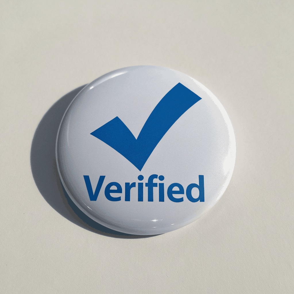 Verified status icon displayed on website and social media